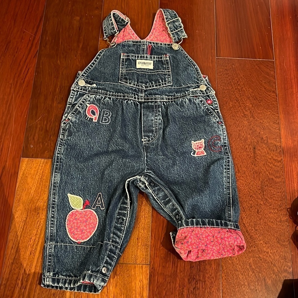 Vintage OshKosh ABC Jean Overalls Patchwork Floral Animals Toddler Girl 6-9 mos